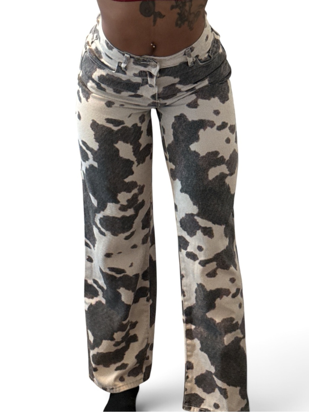 Fashion Nova Black & Cream Cow-Print Wide Leg Jeans